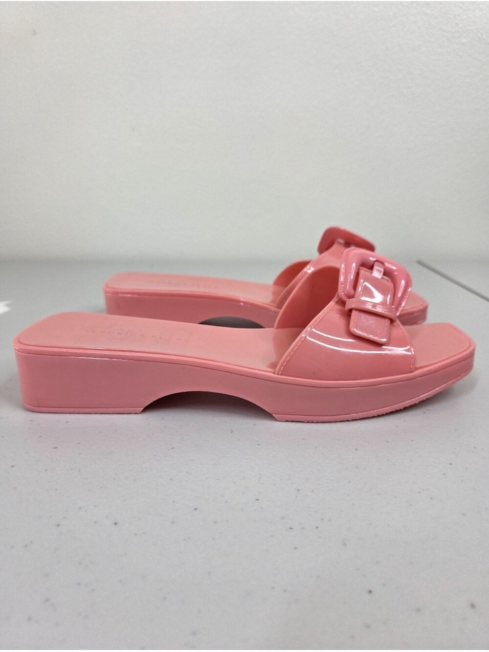 Veronica Beard Davina Patent Pink Buckle Jelly Slide Sandals